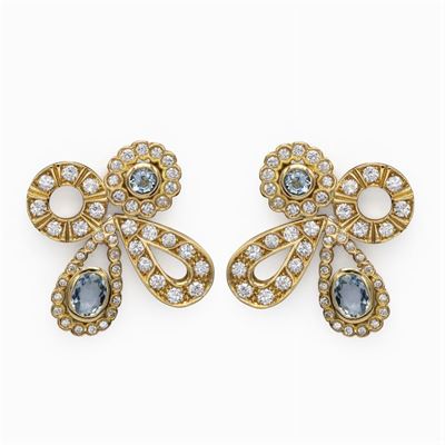 Orecchini Pendenti in Oro Giallo 18kt Acquamarine e Diamanti