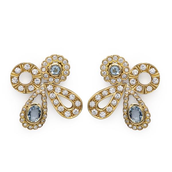 18kt yellow gold aquamarine and diamond pendant earrings