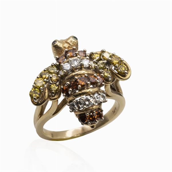 14kt yellow gold and white and fancy color diamonds bee shaped ring