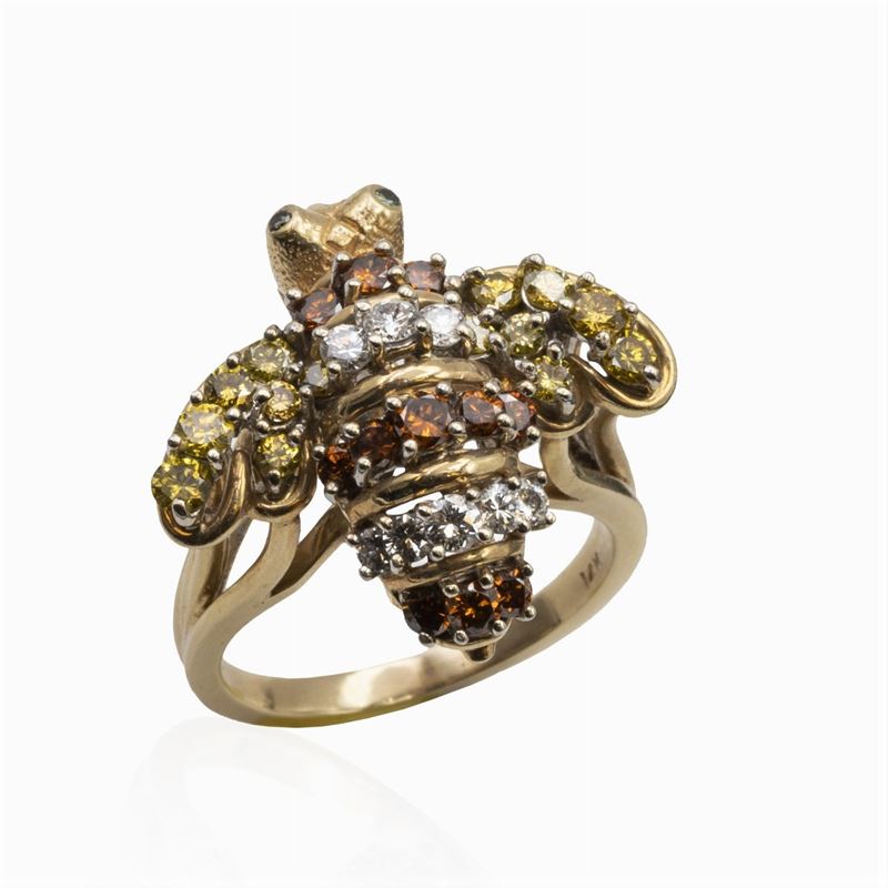 Anello Ape in Oro Giallo 14kt e Diamanti Bianchi e Fancy Color