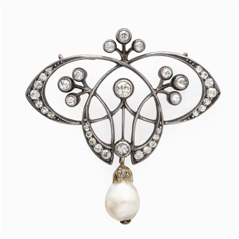 Spilla Art Nouveau in Oro e Argento con Rose Coroné