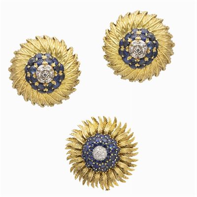 Parure a Motivo Floreale in Oro Giallo 18kt Zaffiri e Diamanti