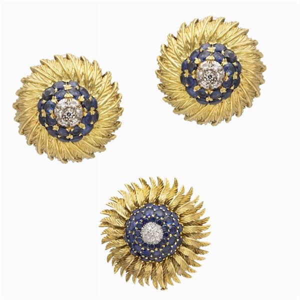 Parure a motivo floreale in oro giallo 18kt zaffiri e diamanti