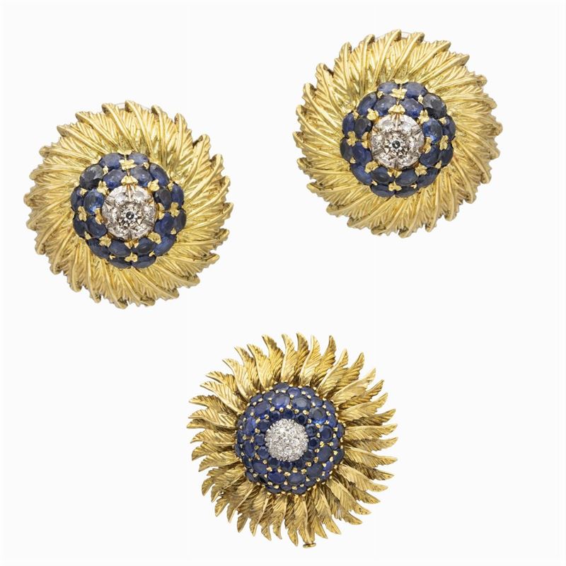 Parure a Motivo Floreale in Oro Giallo 18kt Zaffiri e Diamanti