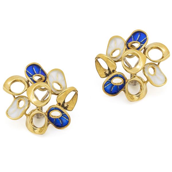 18kt yellow gold and pliqué a jour enamel lobe earrings  (1960s/70s)  - Auction Fine Jewels Watches Fashion Vintage - Colasanti Casa d'Aste