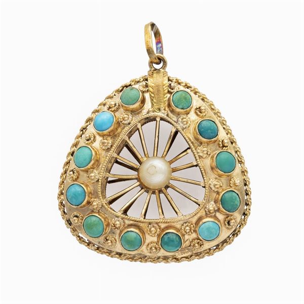 Pendente in oro giallo 18kt turchesi e perle  (anni 40/50)  - Asta Gioielli Orologi Fashion Vintage - Colasanti Casa d'Aste
