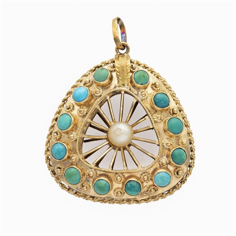 Pendente in Oro Giallo 18kt Turchesi e Perle