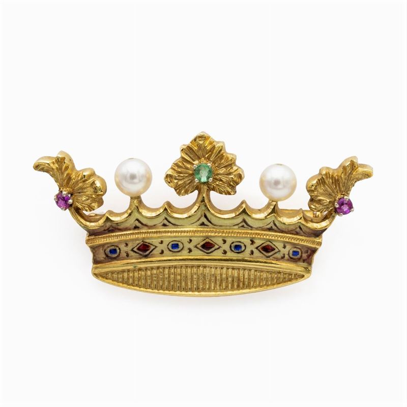 Spilla Corona in Oro Giallo 18kt e Smalto Policromo