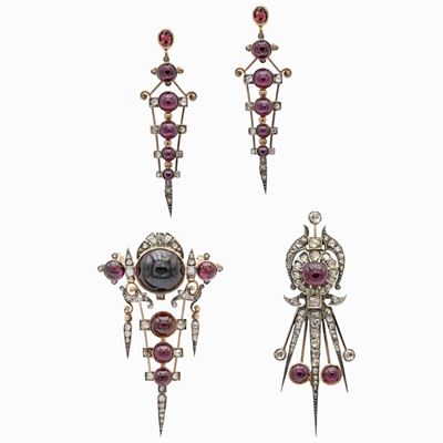 Antica Parure in Oro e Argento 18kt Granati e Rose Coroné