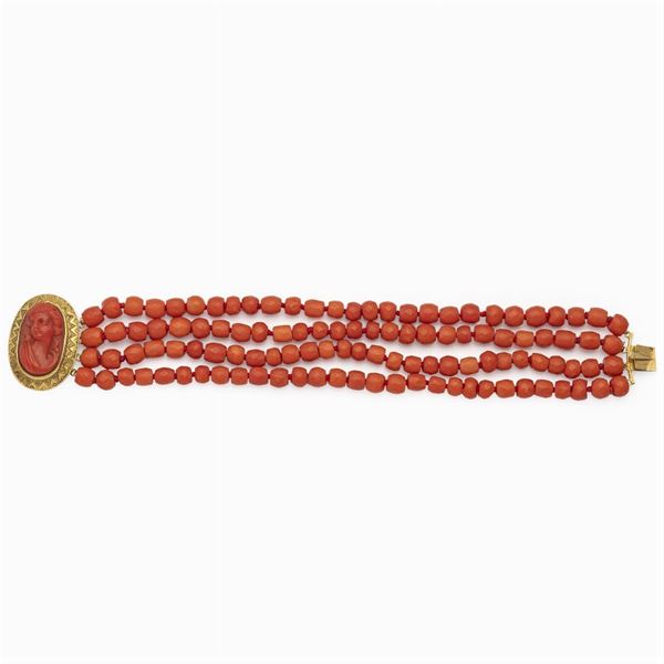 Four-strands of red coral bracelet