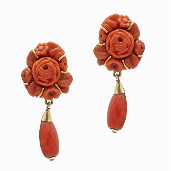 Red coral pendant earrings