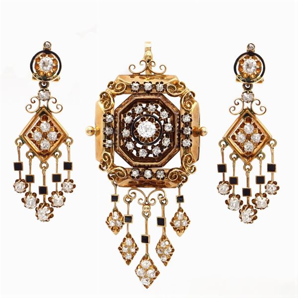 Antique 12kt rose coroné gold and black enamel parure