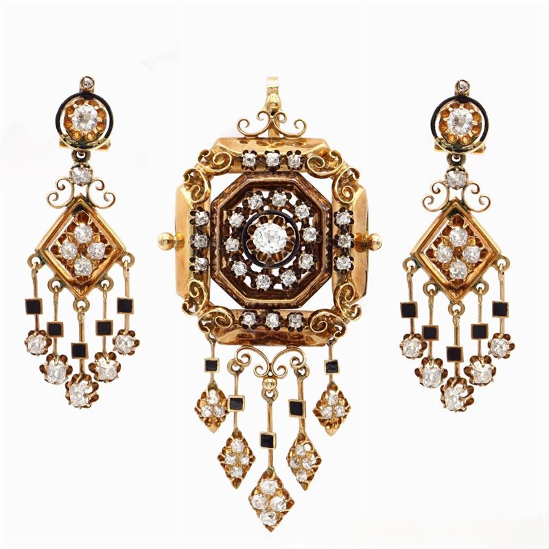 Antica Parure in Oro Giallo 12kt Rose Coroné e Smalto Nero
