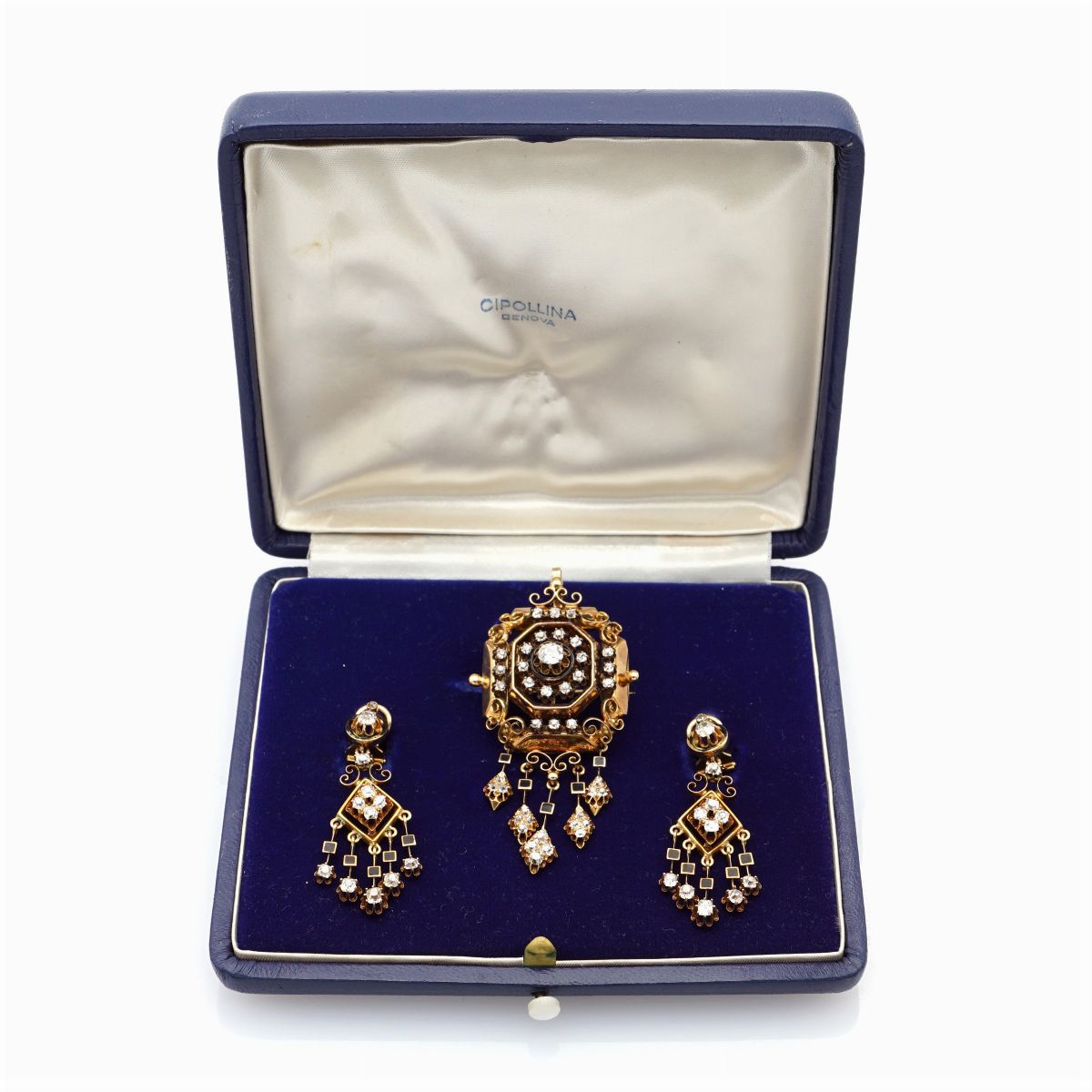Antica Parure in Oro Giallo 12kt Rose Coroné e Smalto Nero