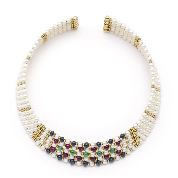 Choker in oro giallo 18kt perle, zaffiri, rubini e smeraldi
