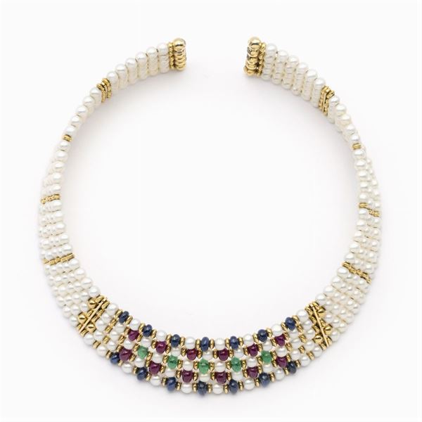 Choker in oro giallo 18kt perle, zaffiri, rubini e smeraldi