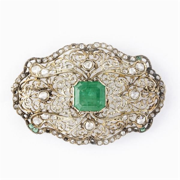 Gold and silver emerald and diamond roses brooch