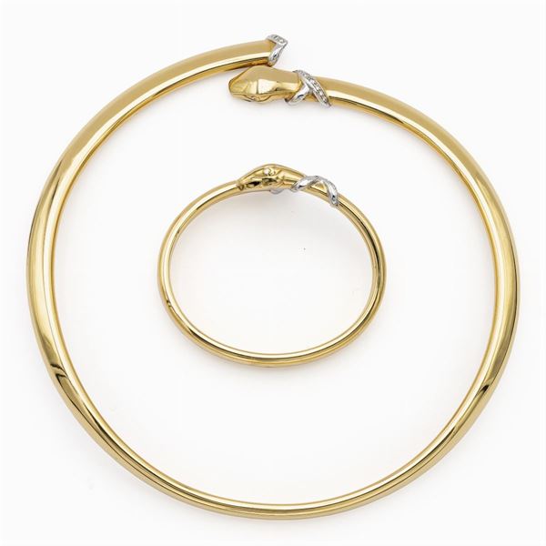 Choker e bracciale manetta a serpente in oro giallo 18kt e diamanti