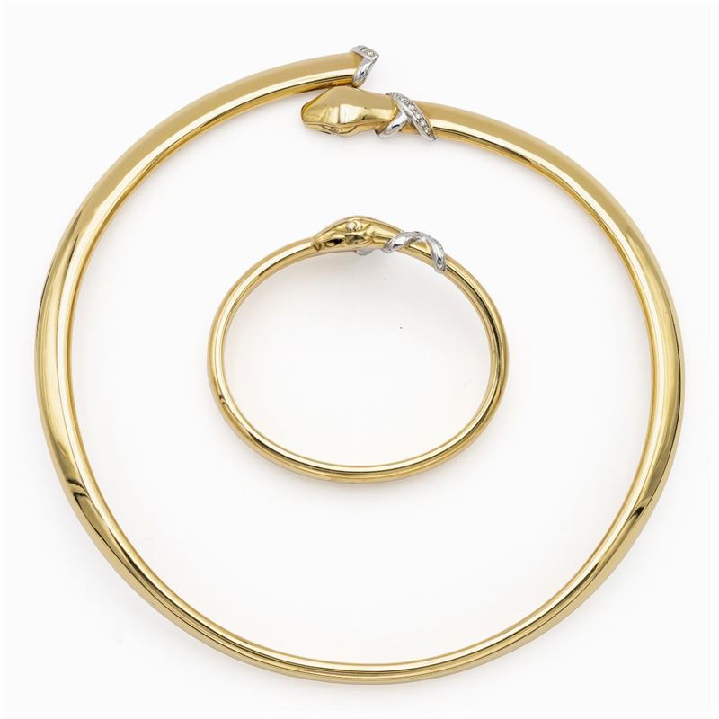 Choker e Bracciale Manetta a Serpente in Oro Giallo 18kt e Diamanti