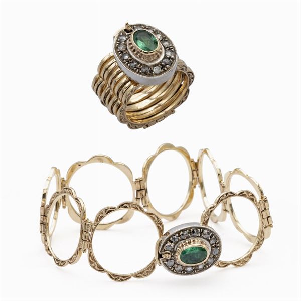 Anello bracciale in oro giallo 12kt e argento con smeraldo