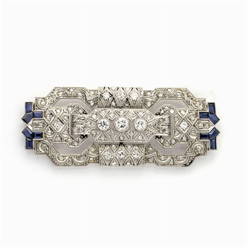 Spilla Decò in Oro Bianco 18kt Diamanti e Zaffiri