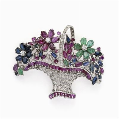 Spilla Cestino Fiori in Oro Bianco 18kt con Rubini, Zaffiri e Smeraldi