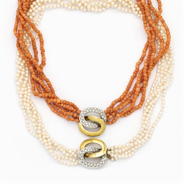 Two coral and five-strand pearls necklaces