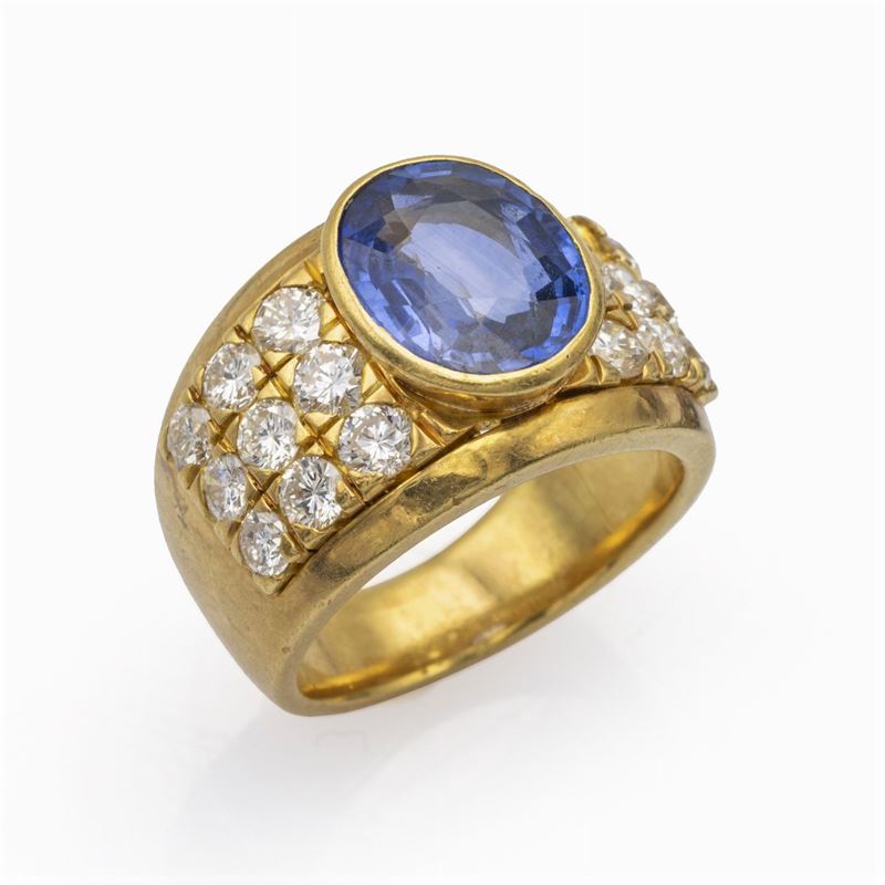 Anello a Fascia in Oro Giallo 18kt Zaffiro e Diamanti