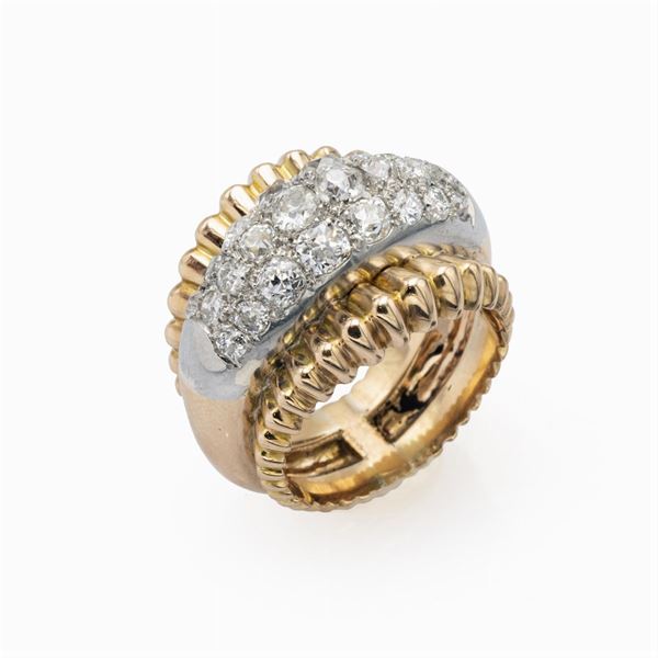 Anello a ponte in oro giallo e bianco 18kt e diamanti  (anni 40/50)  - Asta Gioielli Orologi Fashion Vintage - Colasanti Casa d'Aste
