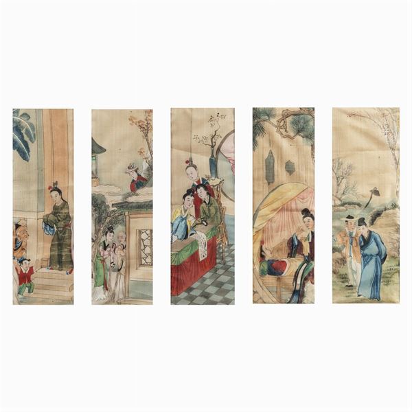 Group of five paintings on silk