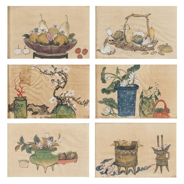 Group of six paintings on silk