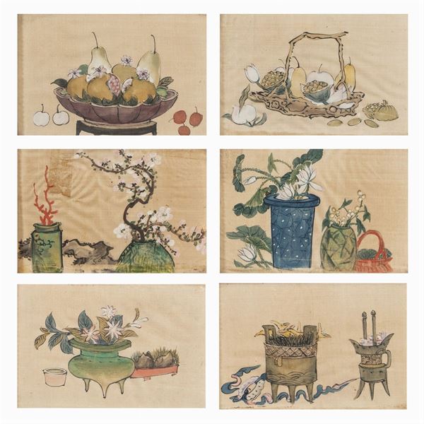 Group of six paintings on silk