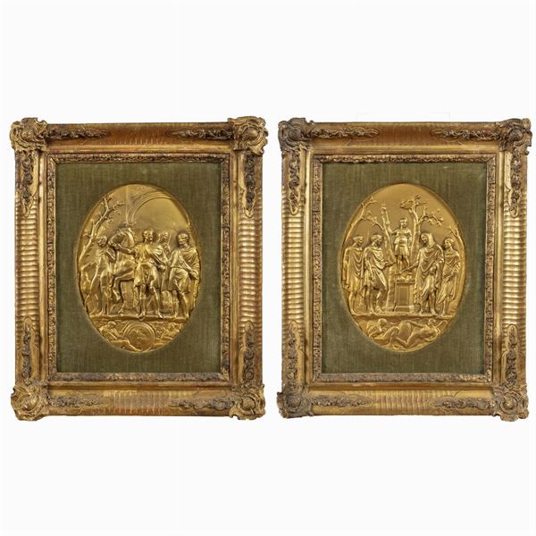 Pair of gilded copper plates