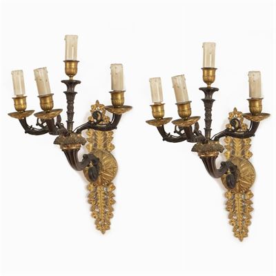 Coppia di Appliques a Quattro Luci in Bronzo Dorato e Brunito