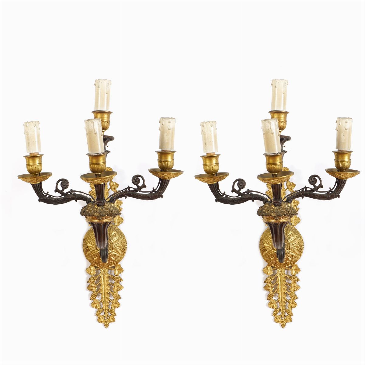 Coppia di Appliques a Quattro Luci in Bronzo Dorato e Brunito