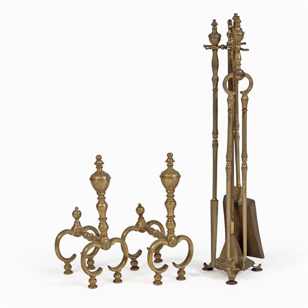 Group of golden metal fireplace objects