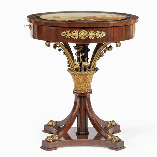 Mahogany, gilded wood and painted scagliola centerpiece table