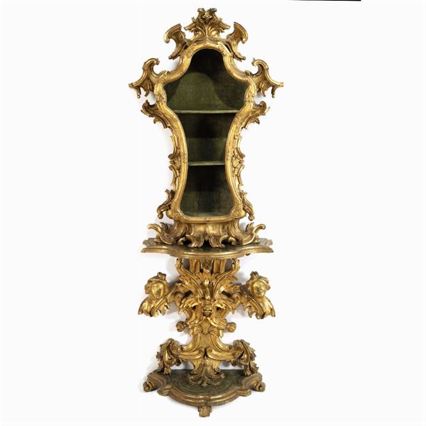Showcase with parietal table in gilded, carved and sculpted wood