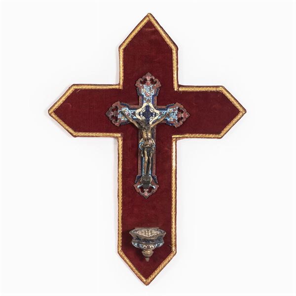 Holy water stoup in metal, bronze and cloissonè enamels