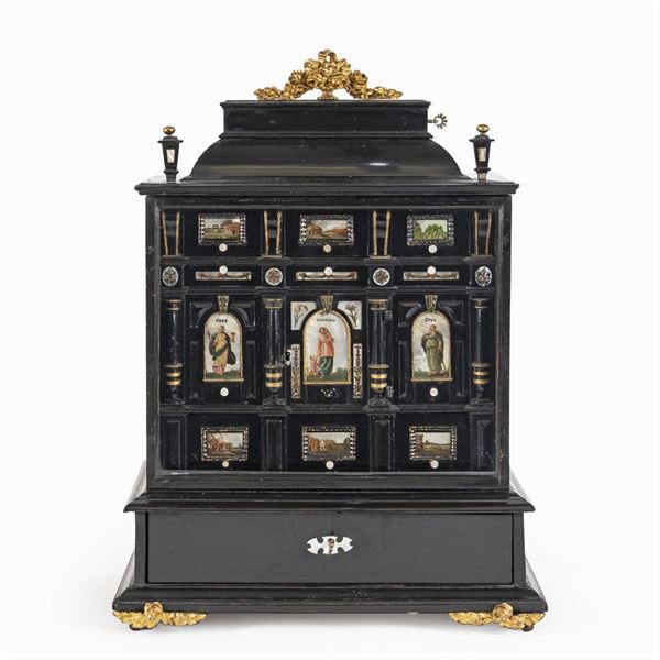 Ebonized wood, gilded wood and mother of pearl coin cabinet