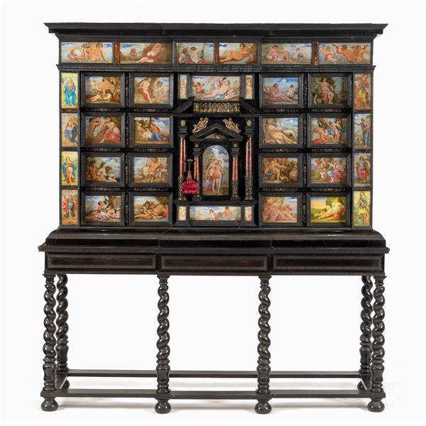 Large cabinet in ebonized wood and painted plates