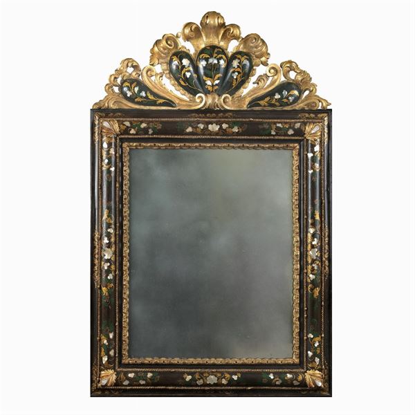 Lacquered and partially gilded wood mirror