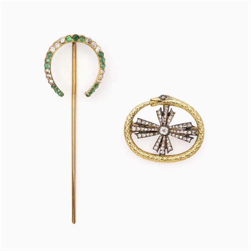 Spillone e Spilla in Oro Giallo 18kt e Argento