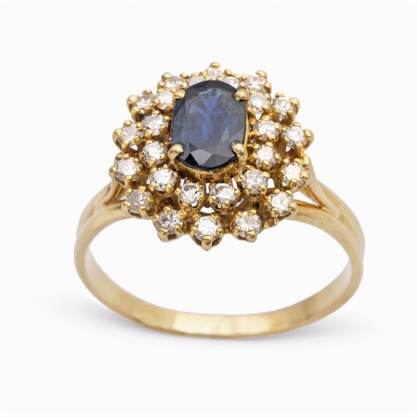 Anello in oro giallo 18kt zaffiro e diamanti