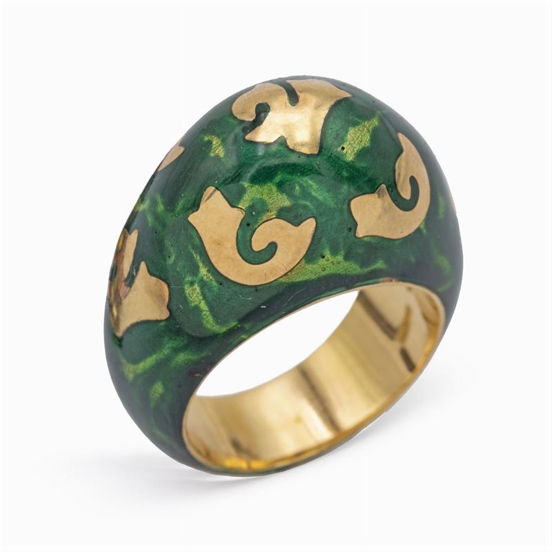 Anello a Cuspide in Oro Giallo 18kt e Smalto