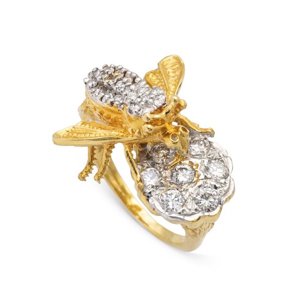 Anello ape in oro a due colori 18kt e diamanti
