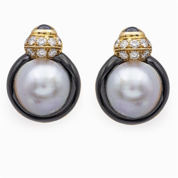 18kt yellow gold mabé black onyx pearls and diamonds lobe earrings  - Auction Fine Jewels Watches and Fashion Vintage - Colasanti Casa d'Aste