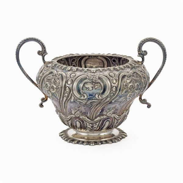 Silver metal sugar bowl with two handles