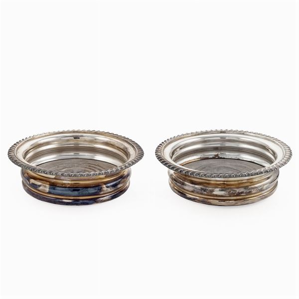 Pair of  silvered metal and wood coasters