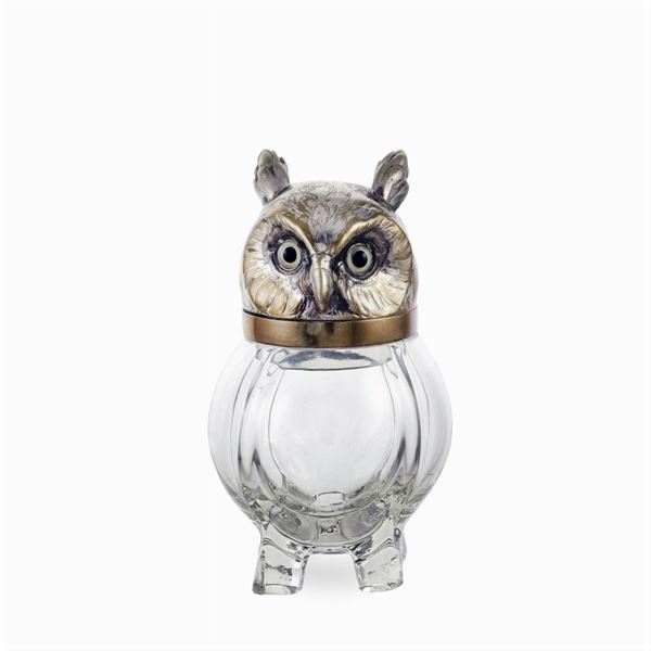 Silver metal and glass Owl container  (20th century)  - Auction Fine Silver and Art of the table - Colasanti Casa d'Aste